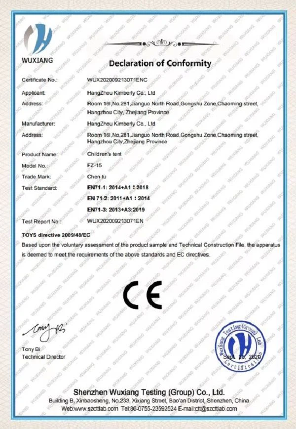 certification of cotton playhouse teepee kids tent001